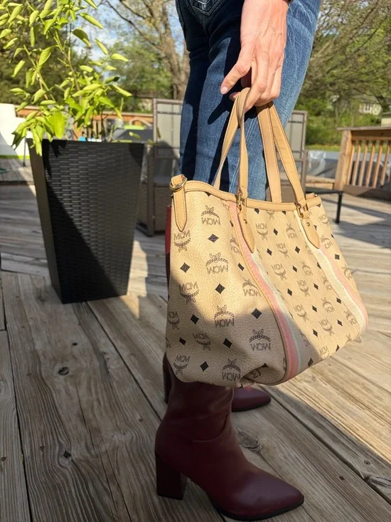 MCM Beige/Pale Pink Monogram Canvas Tote with Striped Trim - Picture 6 of 12
